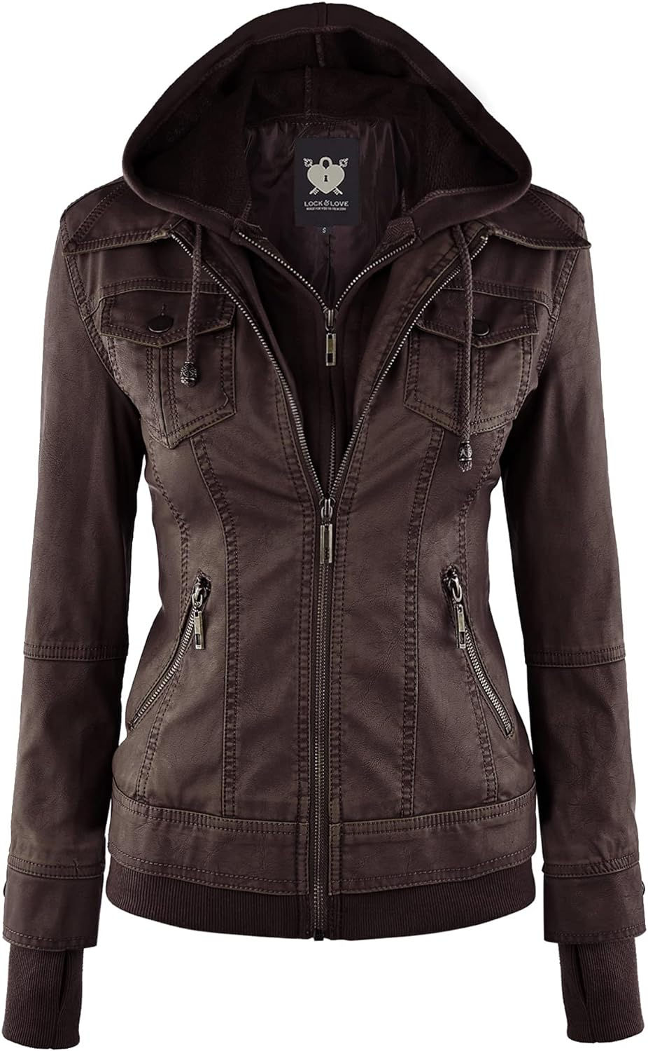 Thumbnail: Women's Removable Hooded Faux Leather Jacket Moto Biker Coat