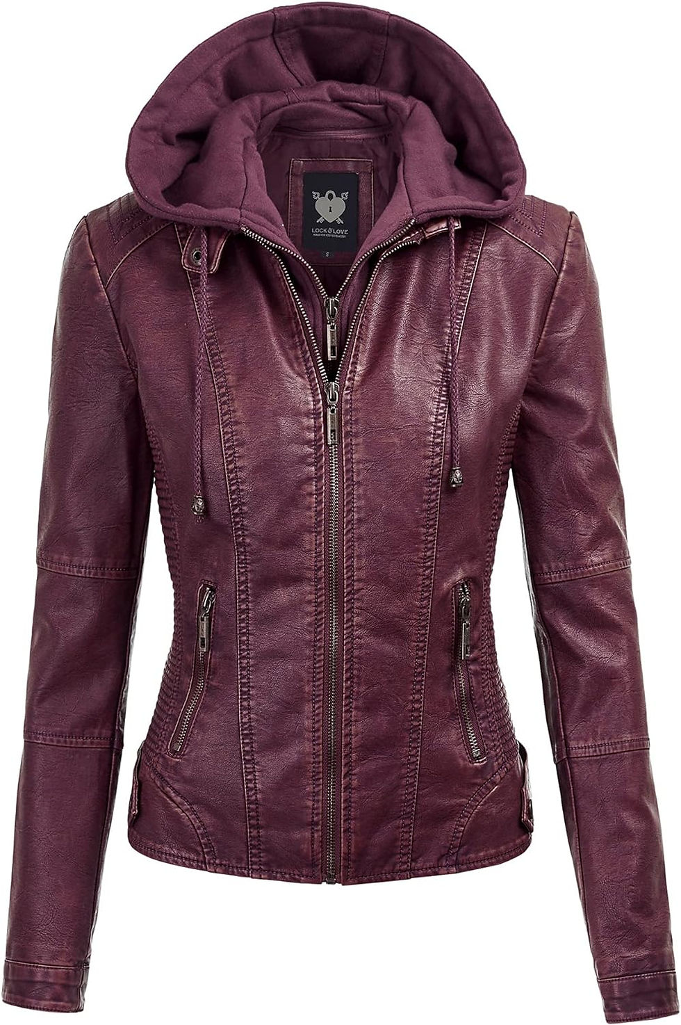 Thumbnail: Women's Removable Hooded Faux Leather Jacket Moto Biker Coat