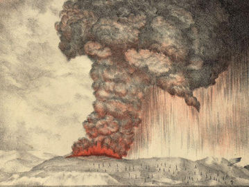 Litografi Gunung Krakatau meletus pada 1883. (wikipedia).