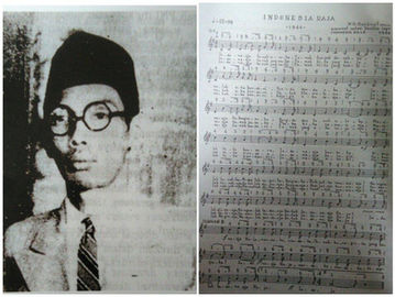 Wage Rudolf Supratman dan notasi lengkap lagu Indonesia Raya menurut Panitia Lagu Kebangsaan Indonesia Raya tahun 1944. Foto: repro Lagu Kebangsaan Indonesia Raya.
