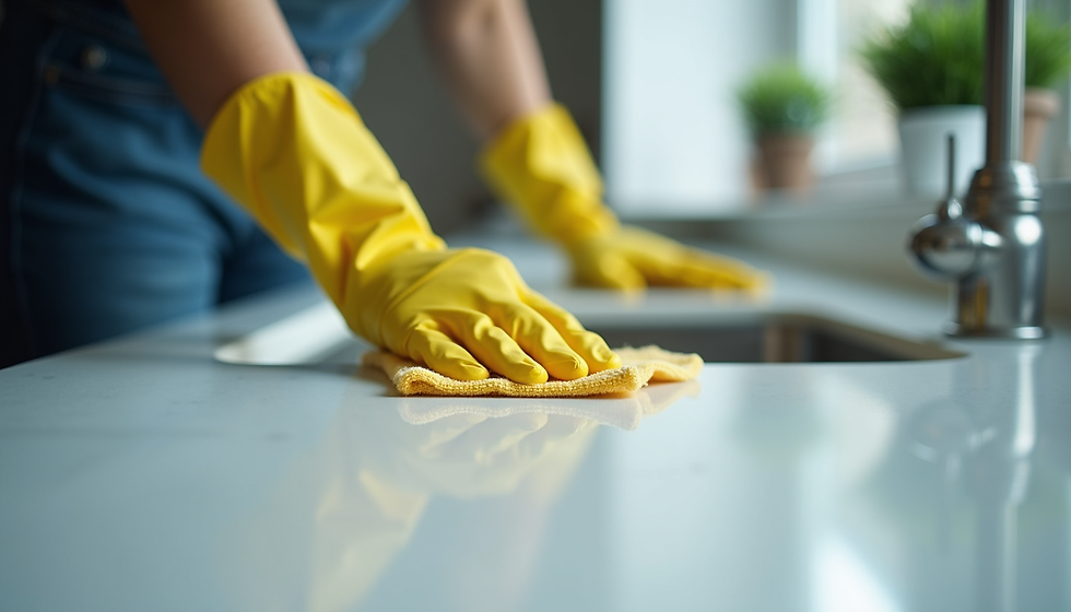 High angle view of a freshly cleaned kitchen countertop with sparkling surfaces