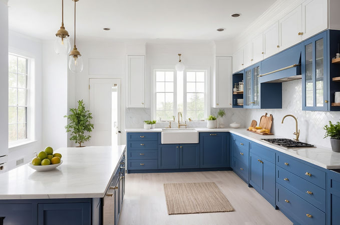 Spacious modern kitchen with white cabinets blue accents and marble countertop.jpeg