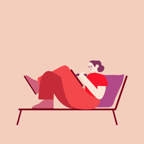 A gif with a woman sitting on a chaise longue with her legs crossed drawing on a board.