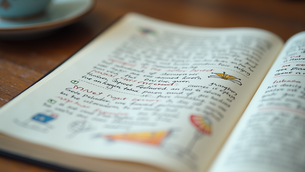 Close-up view of an open journal with handwritten notes and colorful doodles