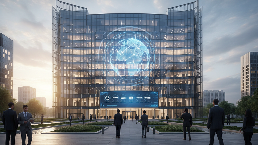Eye-level view of a modern office building representing global business expansion