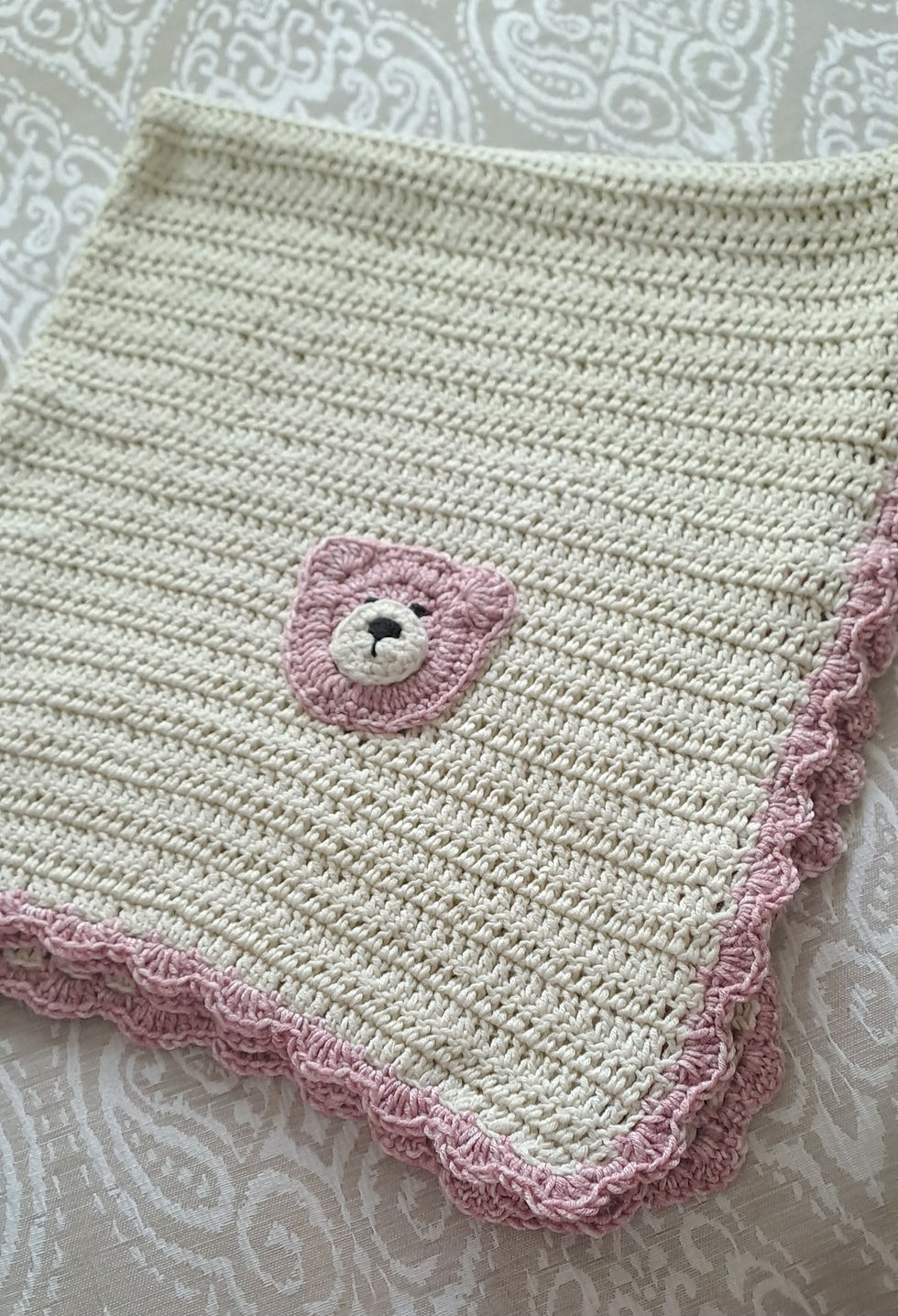 Cream and pink bear baby blanket