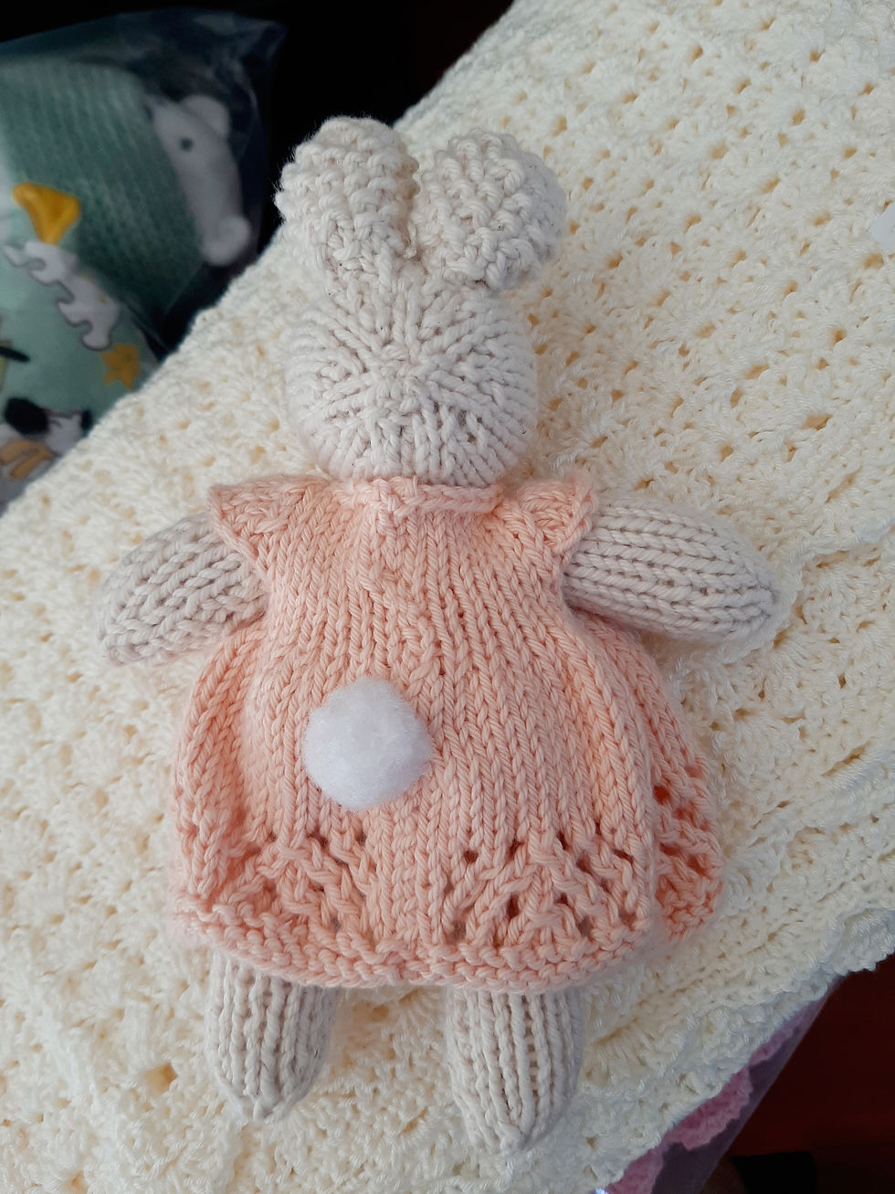 Thumbnail: Adorable knitted bunny in peach dress