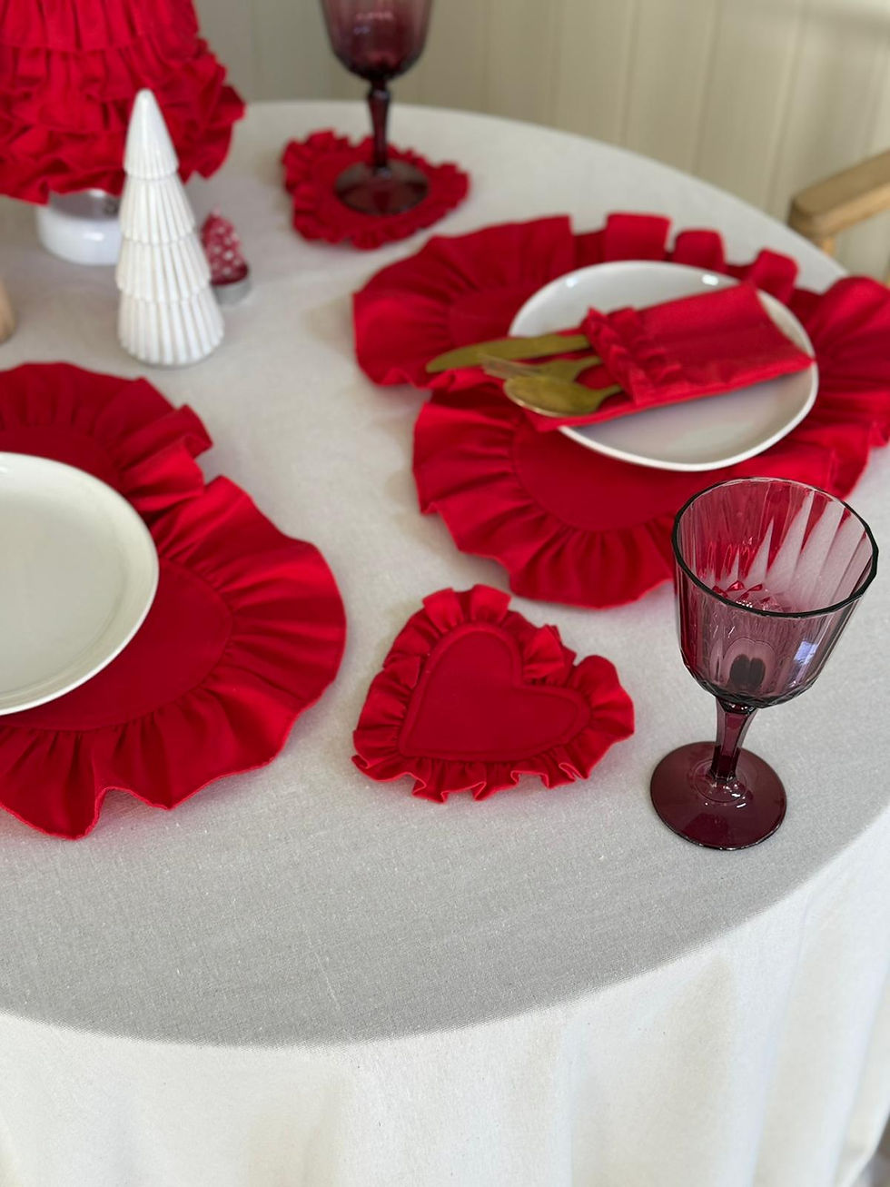 Küçük resim: Lovely Red Keten Fırfırlı Bardak Altlığı Kırmızı Dolgusuz