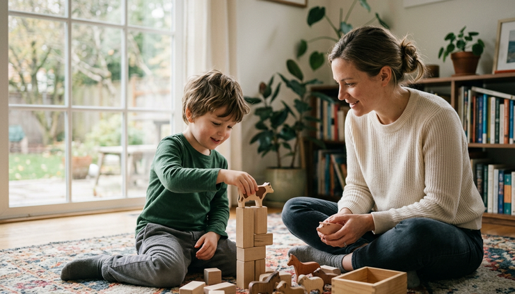 Eye-level view of a child and caregiver playing with wooden blocks on a soft rug.