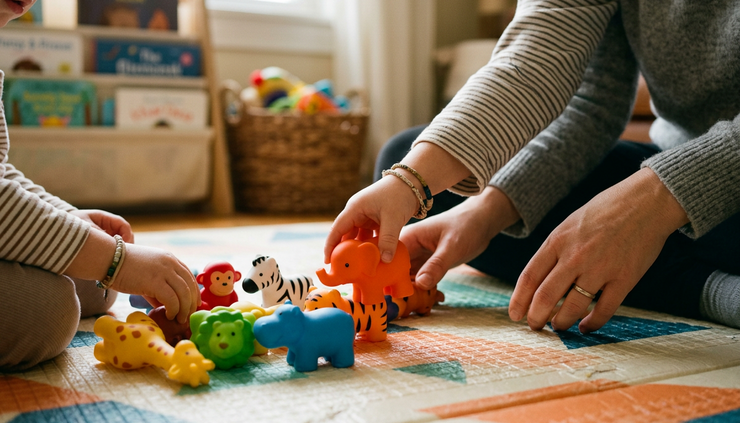 Close-up of small hands reaching for toy animals during a floor play activity.