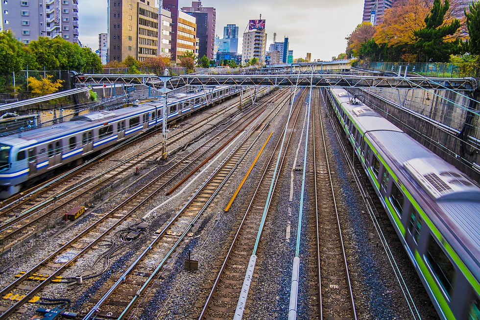 Tokyo trains running on multiple railway tracks near Shinagawa