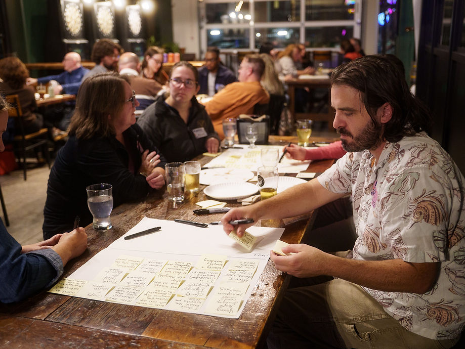 Idea Jam participants around a table covered in sticky notes