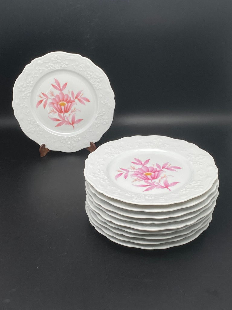 Assiettes à dessert porcelaine motifs fleurs rose