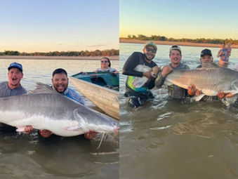 Irmãos pescam peixe de 2 metros e cerca de 100 kg 100 kg no Rio Araguaia, em Luiz Alves