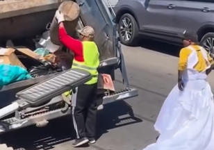 Garis se divertem ao encontrar vestido de noiva no lixo