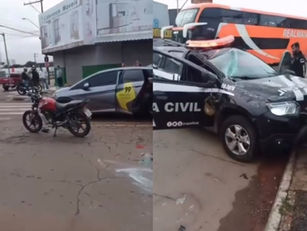 Acidente entre viatura da Polícia Civl e mais dois veículos é registrado na Av. Anhanguera, em Goiânia