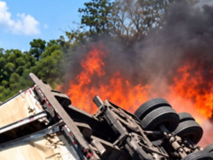 Motorista morre após caminhão tombar e pegar fogo na BR-153