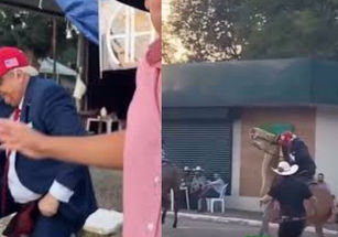 Sósia de Donald Trump cai de cavalo durante apresentação na Pecuária de Goiânia
