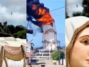 Estátua de Nossa Senhora de Fátima desaba após incêndio durante construção em Natal