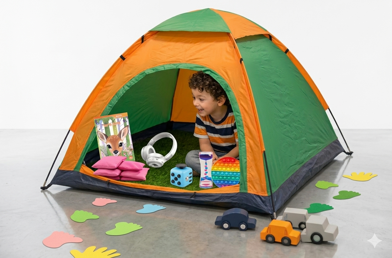 ילד בתוך אוהל עם ערכת רוגע
