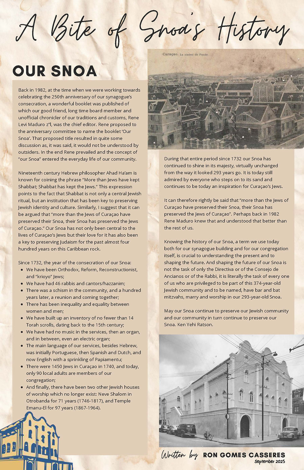 A Bite of Snoa’s History with two historic photos of the synagogue and Curaçao streets.