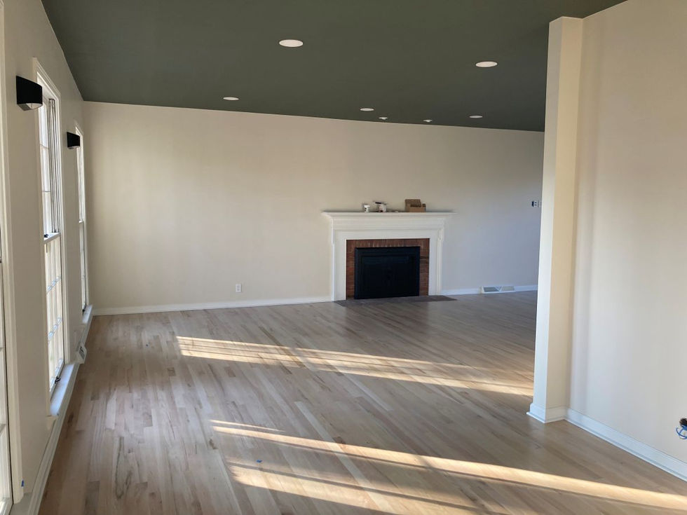 Monroe & Co. after painting Living Room Ceiling emerald green