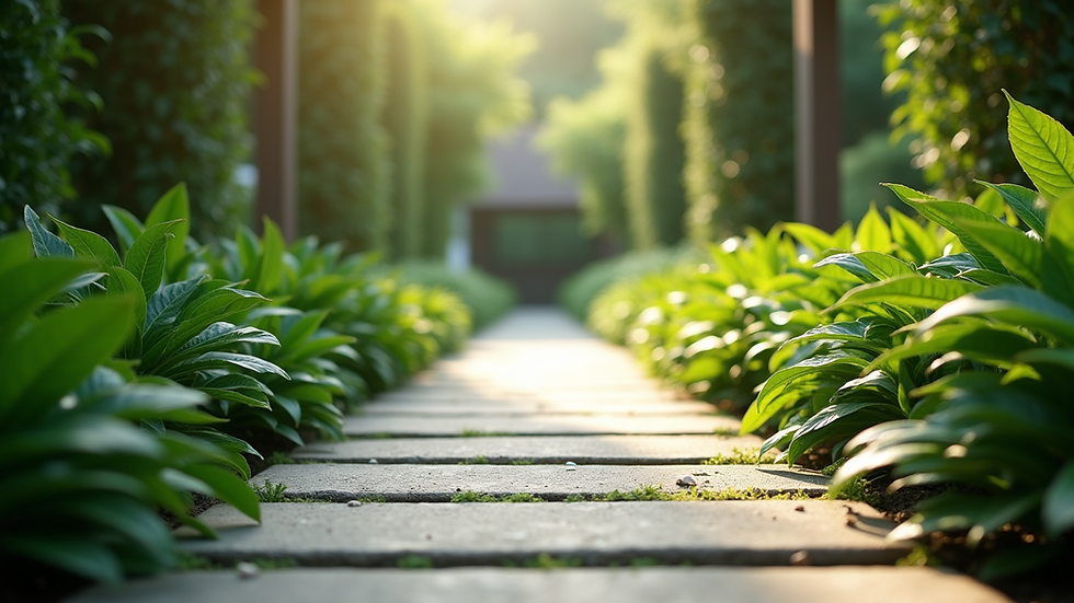 Eye-level view of a tranquil garden spa pathway lined with green plants