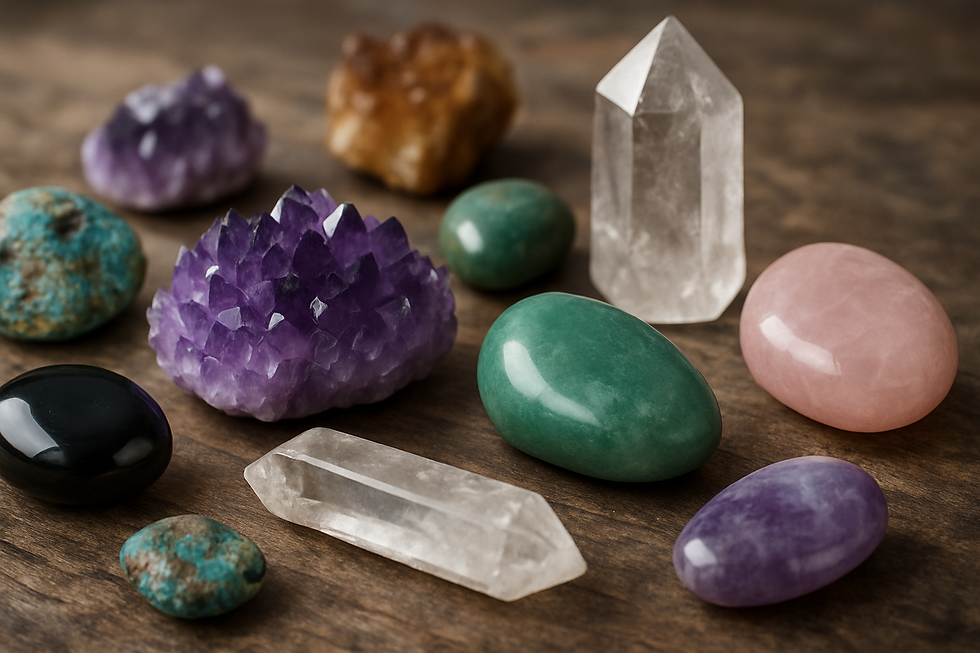 Colorful gemstones on a wooden surface, including purple amethyst, clear quartz, turquoise, green, black, pink, and brown stones. Crystal Healing.