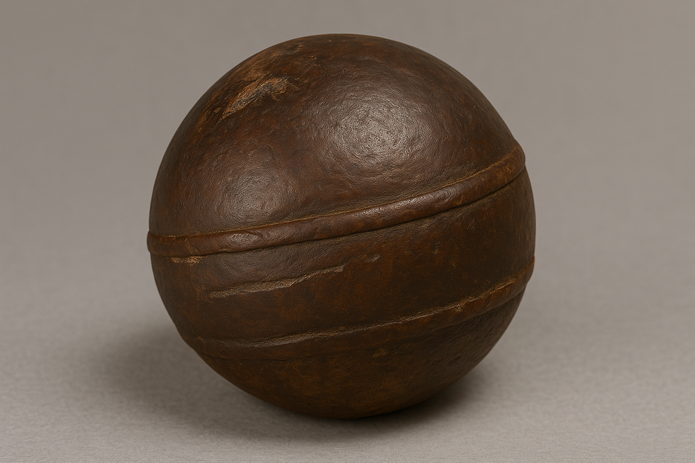 Rusty brown cannonball on a neutral gray background, showing weathered texture and seam. No text or visible emotions. Klerksdorp Sphere.