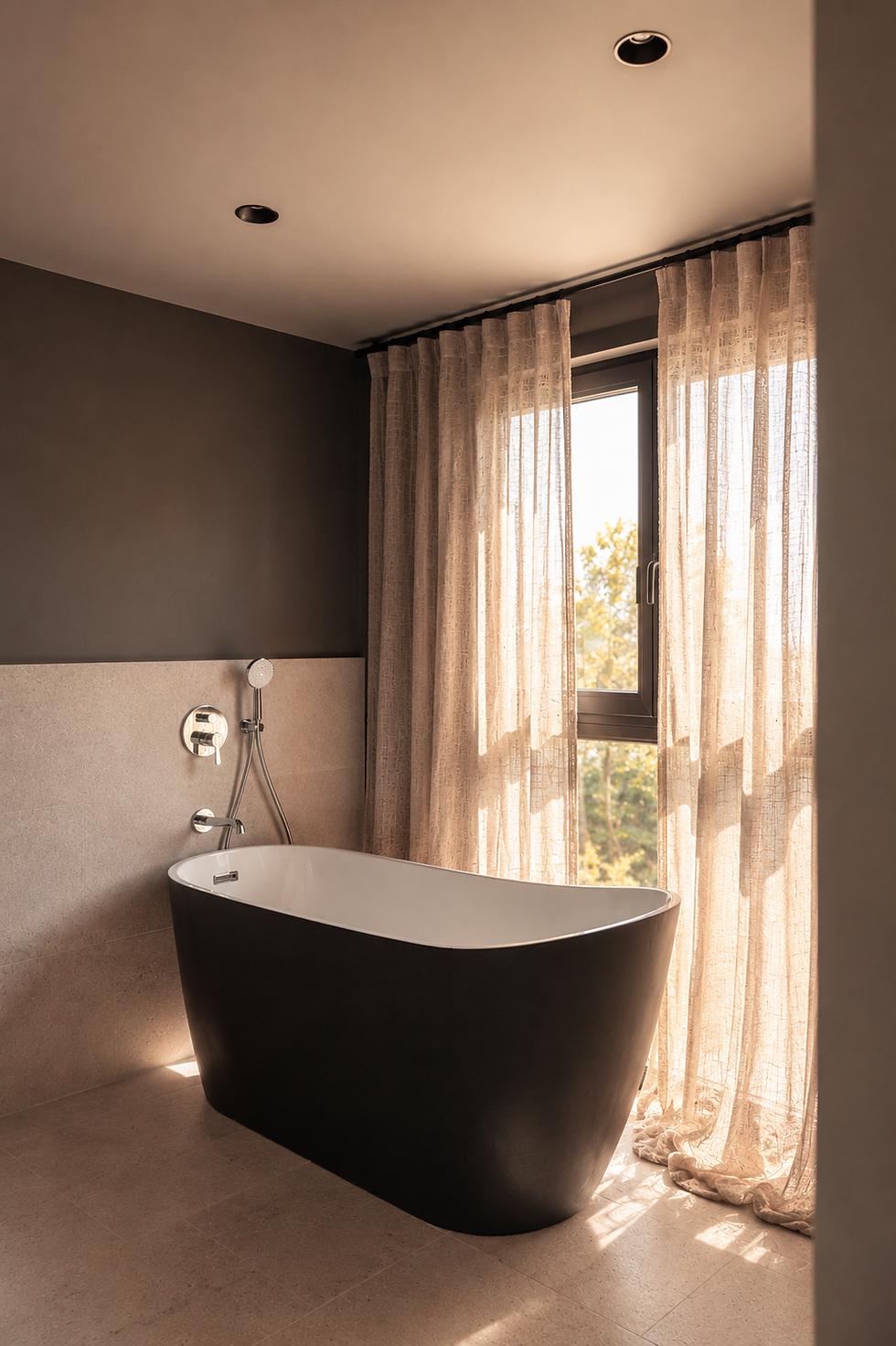 Freestanding black bathtub in luxury bathroom with linen curtains, Finca Ponderosa, Mallorca