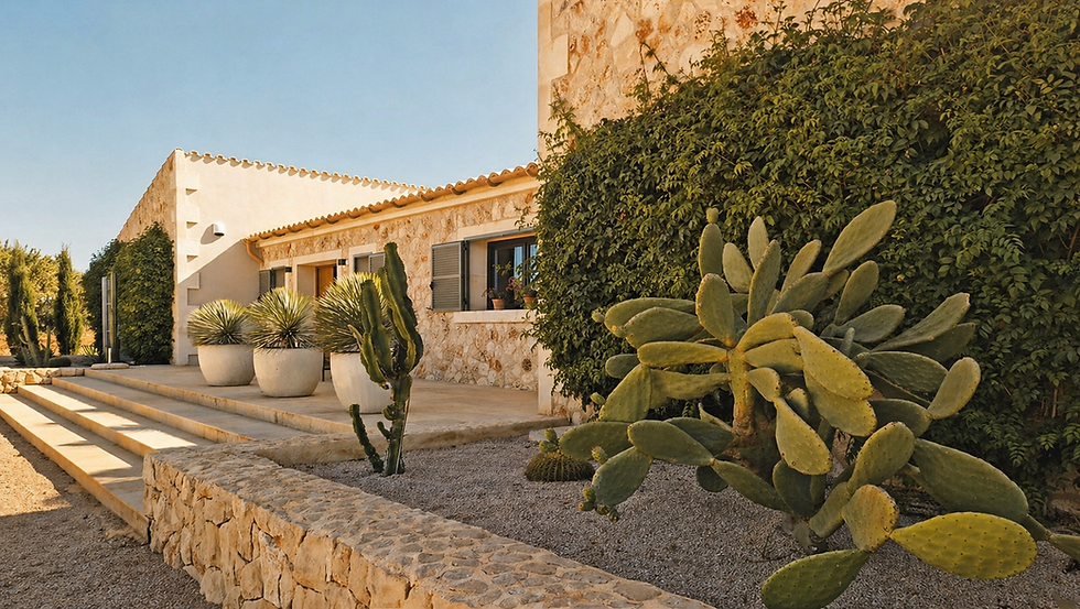 Stone entrance path Finca Ponderosa Biniali Mallorca golden hour