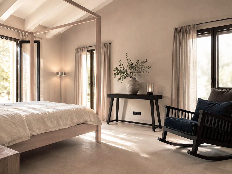 Elegant bedroom with garden views and Mallorcan stone details, Finca Ponderosa, Biniali