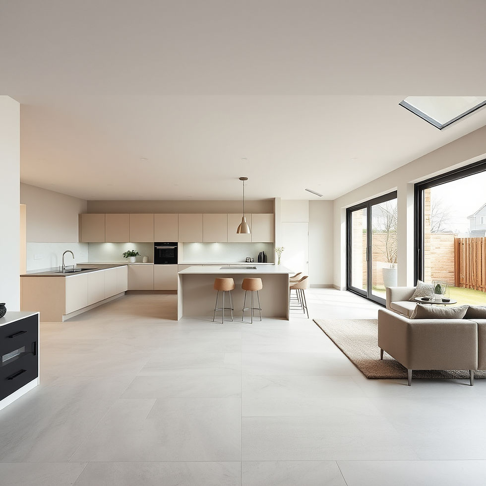 Modern UK home renovation scene, high-end residential extension with open-plan kitchen and