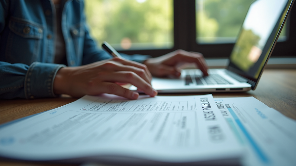Eye-level view of a person reviewing tax documents with a laptop