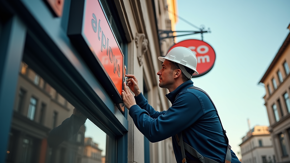 Close-up view of a professional sign installer using tools to mount a sign on a building facade