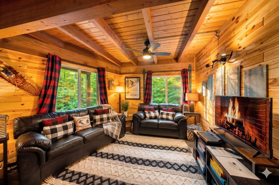 Spacious lower-level game room with pool table, Smart TV, and cozy lounge seating for unforgettable family nights Up North.