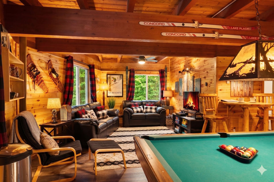 Spacious rec room with pool table, games, and cozy seating — perfect for family game nights and rainy-day fun at the Treehouse.