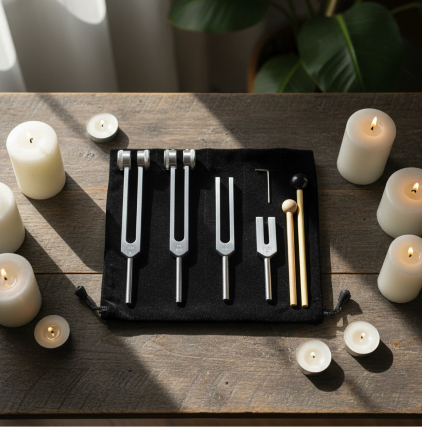 A complete Basics Tuning Fork Set featuring four therapeutic frequencies for self-care sound therapy