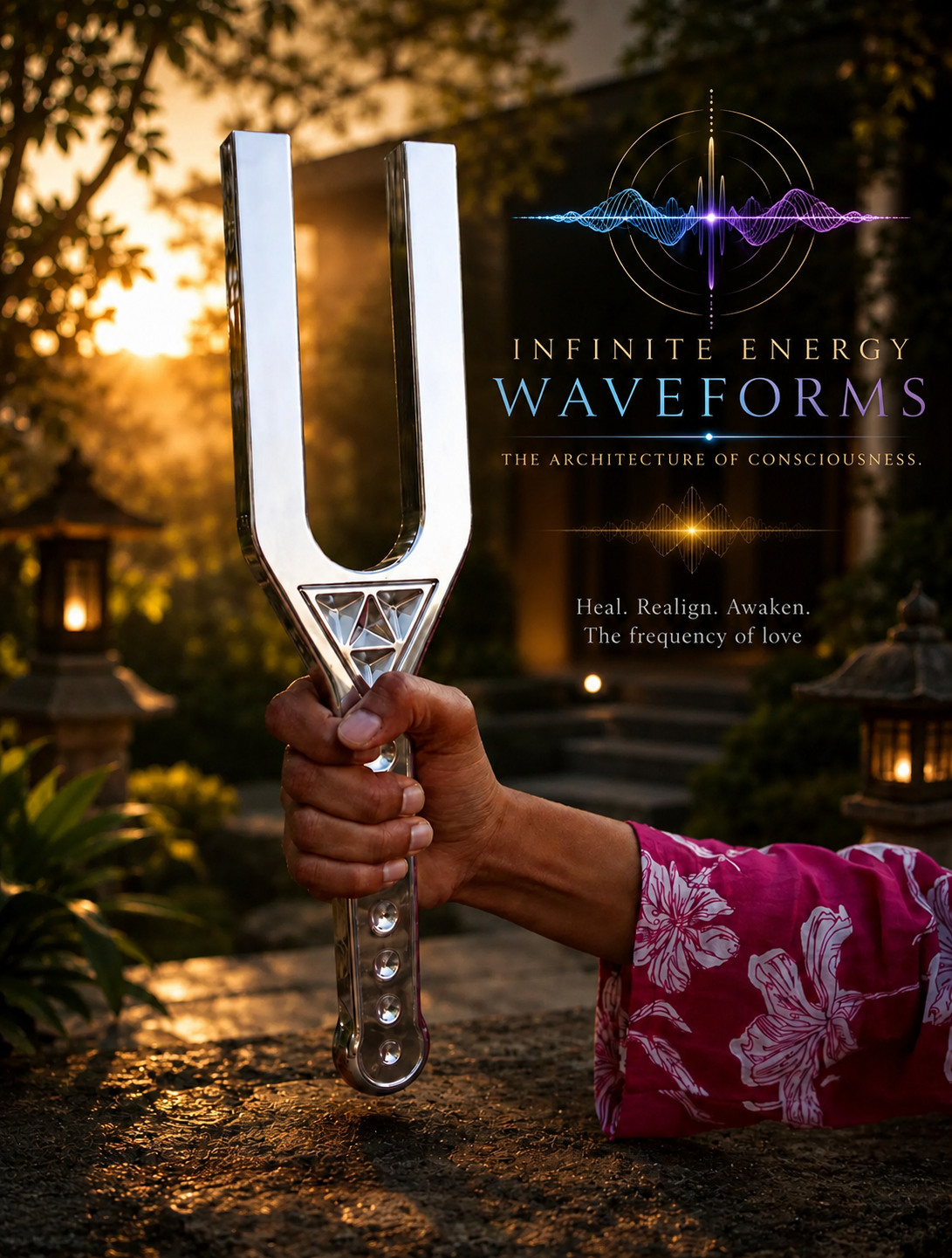 Detailed close up of a giant therapeutic tuning fork vibrating with energy resonance