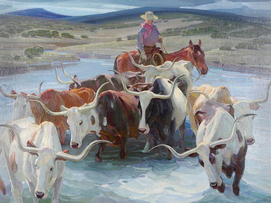 Painting of cowboy on a horse in the river herding some long horn cattle.
