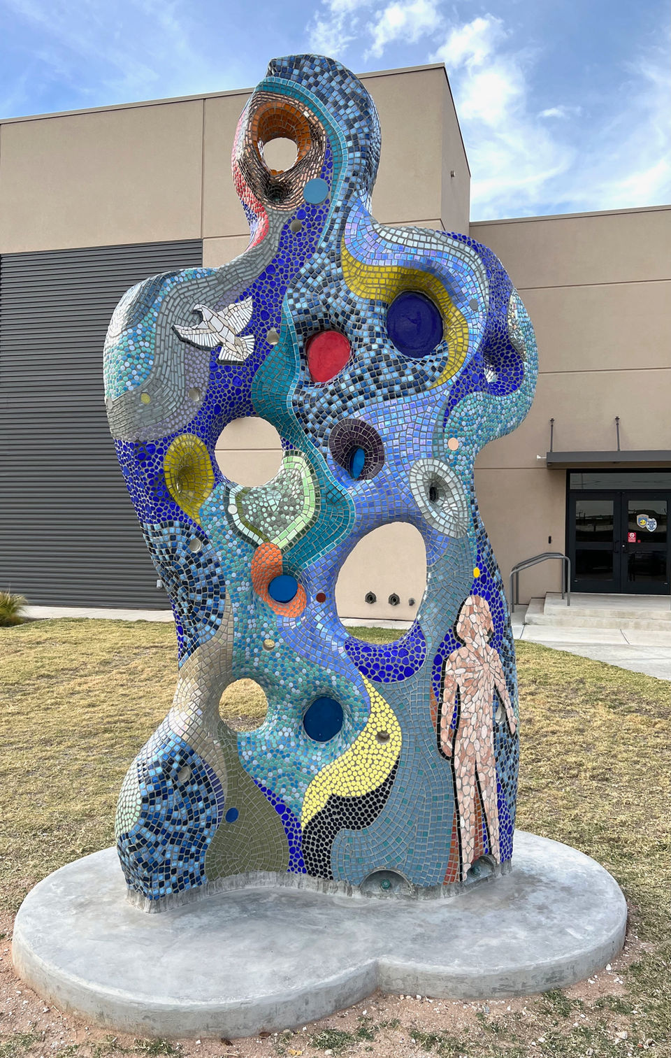 A large mosaic tiles abstract sculpture installed on the grounds of the Odessa Police Training Facility in Texas