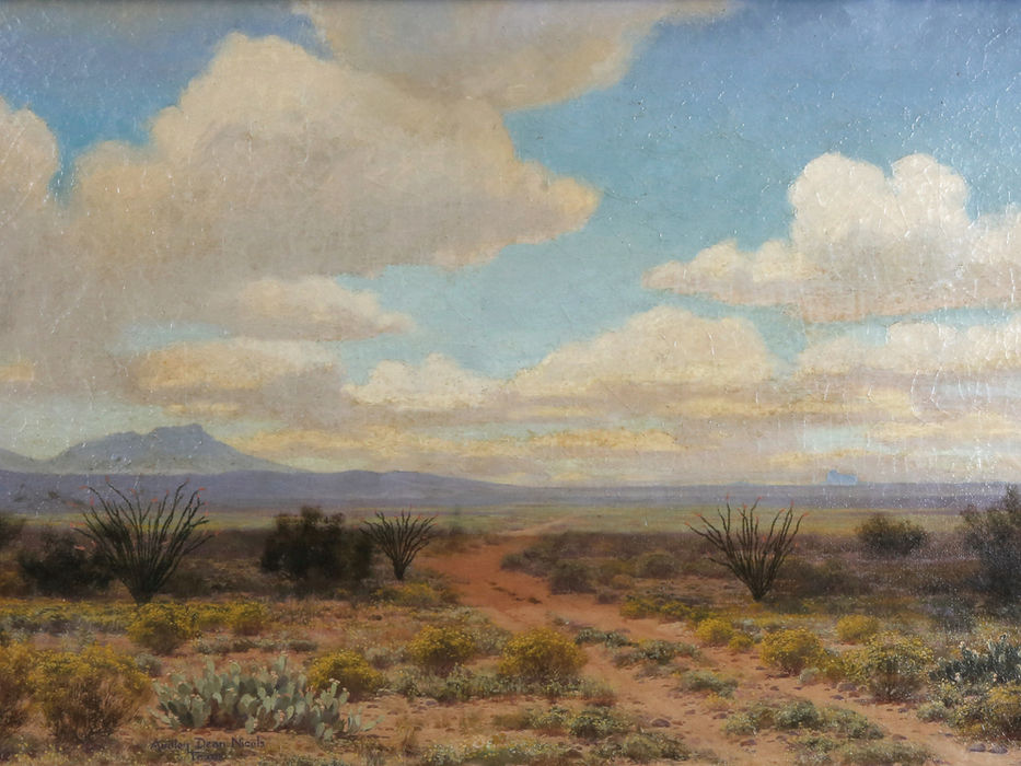 Landscape painting of cactus in the desert.