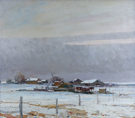 A landscape painting of a ranch in a large field that is covered in snow.