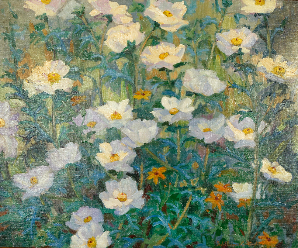 A painting of white flowers with yellow centers in a green field.
