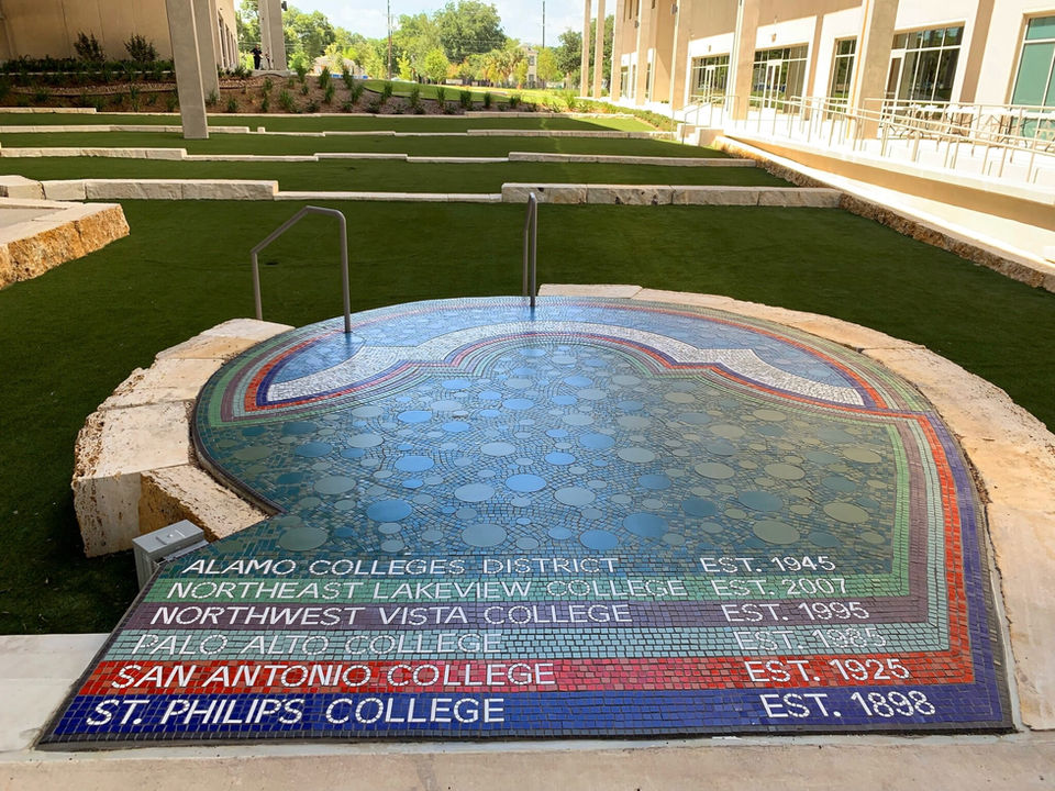 Amphitheater ground mural at Alamo Colleges, made of mosaic tiles