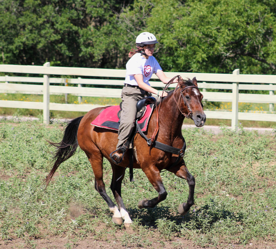 Girl riding a brown horse that is running.