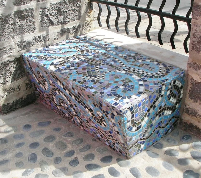 Mosaic tiled bench outside of the Museo Alameda in San Antonio, Texas