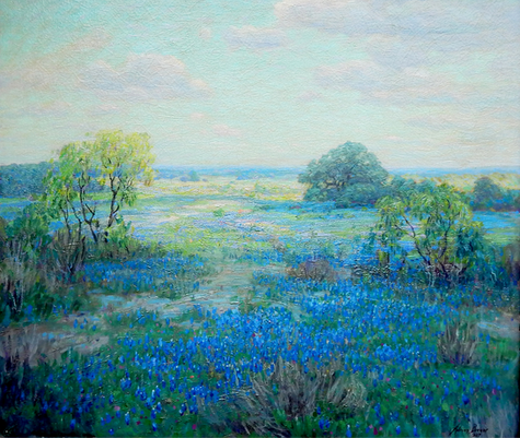 A Texas landscape painting on trees and bluebonnets.