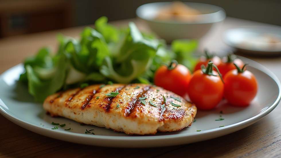 Close-up view of a healthy meal with grilled chicken and vegetables