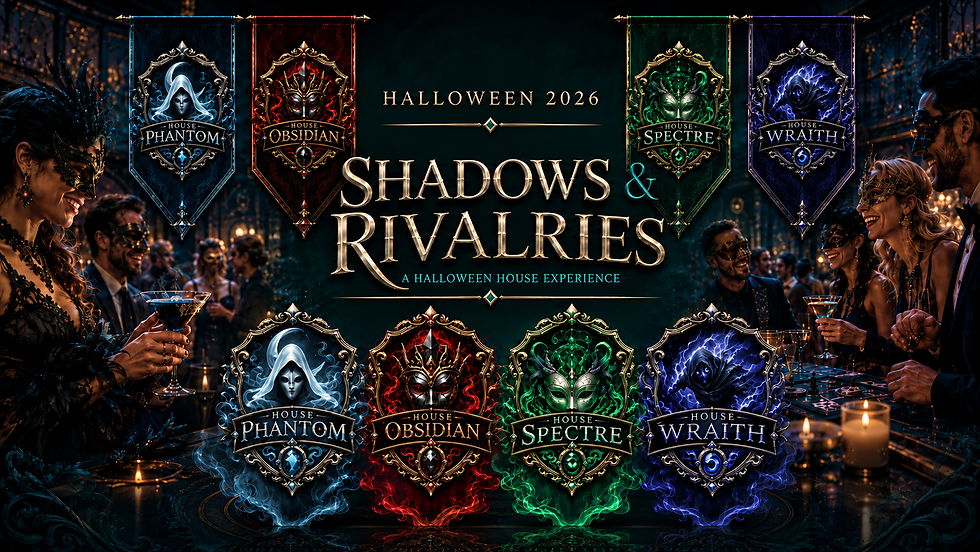 Shadows and Rivalries Halloween event artwork with four house crests